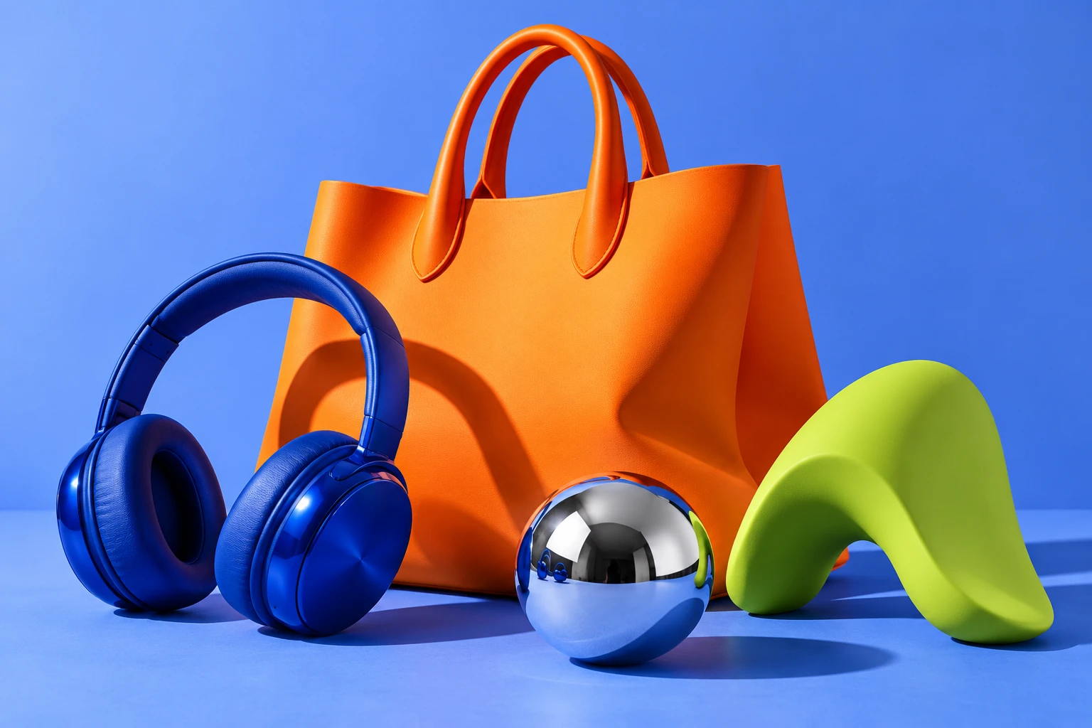 A colorful editorial arrangement of headphones, an orange shopping bag and playful chrome and lime forms